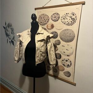 Chloé Floral Kids Jacket Eyelet Sleeve Zip-up Canvas Tan 100% Cotton Size 8